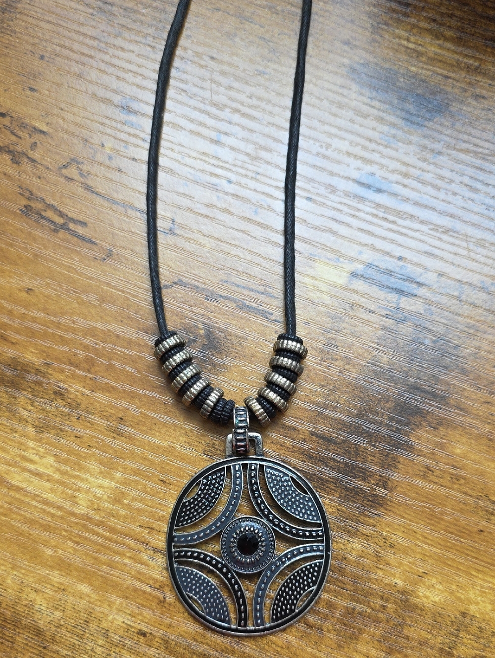 Black and Gold-Tone Round Medallion Necklace with Beaded Cord - Stylish Pendant